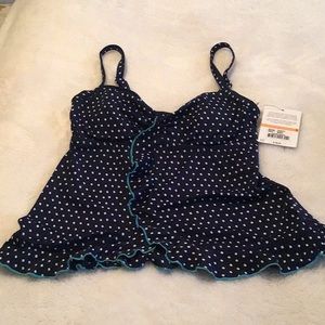 Tankini top by 24&Ocean navy blue white polkadot tankini S/CH NWT flattering
